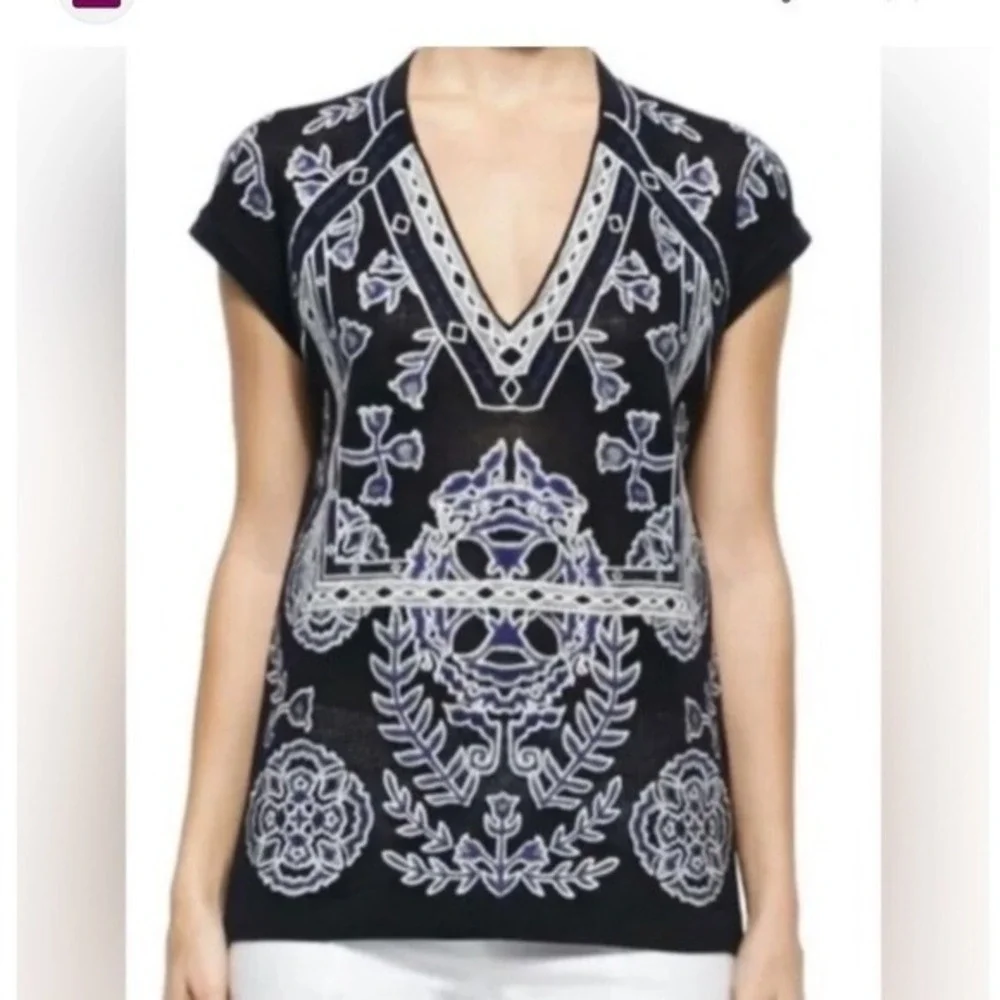TORY BURCH Jory Lightweight Short Sleeve Knit Sweater Navy Blue Size Small